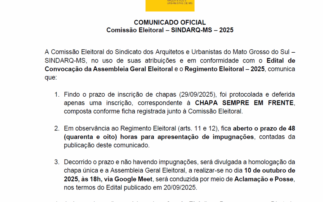 Sindarq/MS divulga chapa inscrita para eleição da nova Diretoria